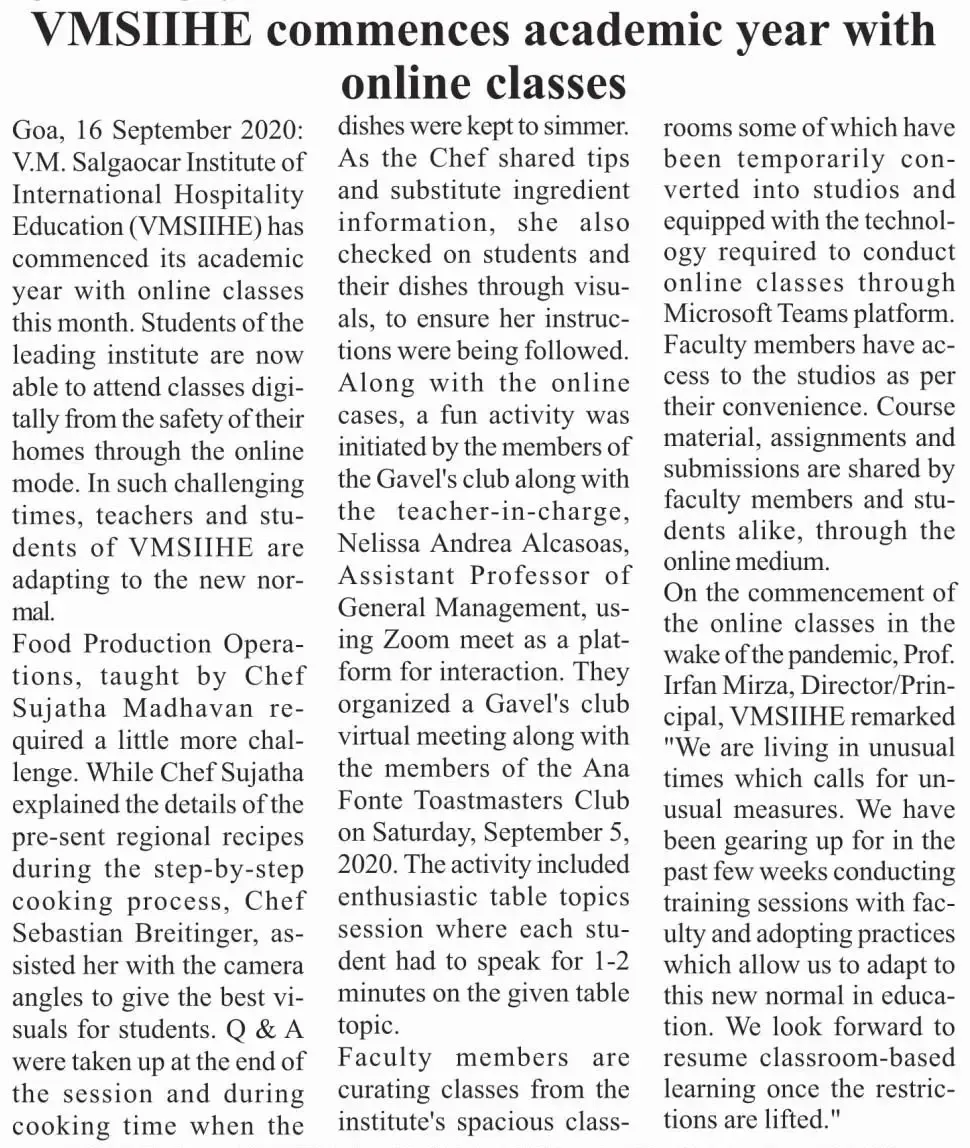 VMSIIHE -Top Hospitality College in Goa, India-News