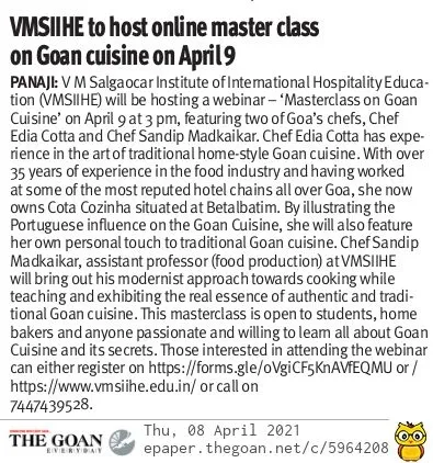 VMSIIHE -Top Hospitality Institute in Goa, India-News