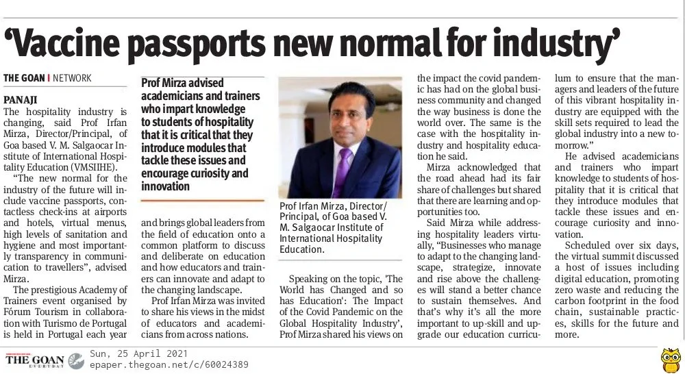 VMSIIHE -Top Hospitality College in Goa, India-News