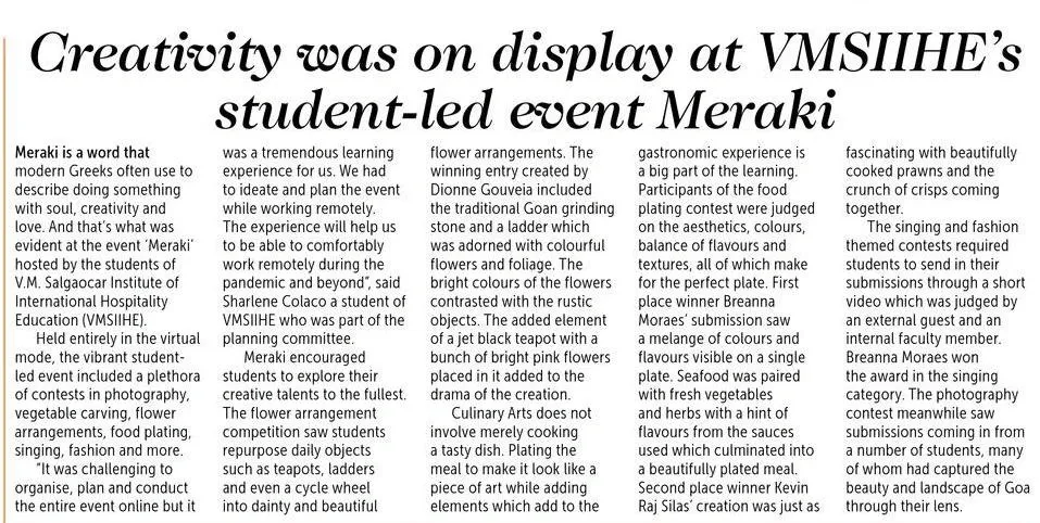 VMSIIHE -Hospitality College in Goa, India-News