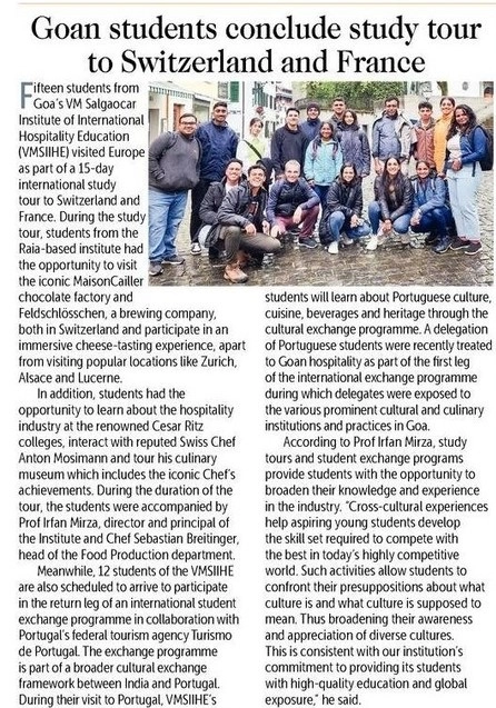VMSIIHE -Hospitality College in Goa, India-News