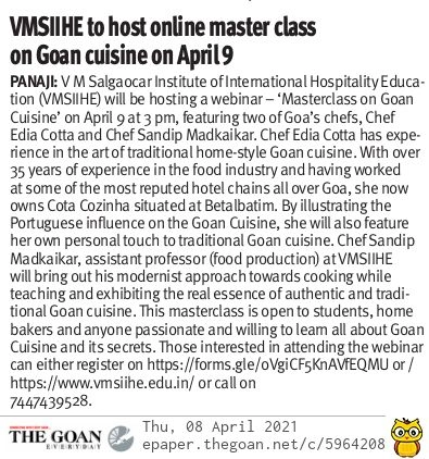 VMSIIHE -Top Hospitality Institute in Goa, India-News